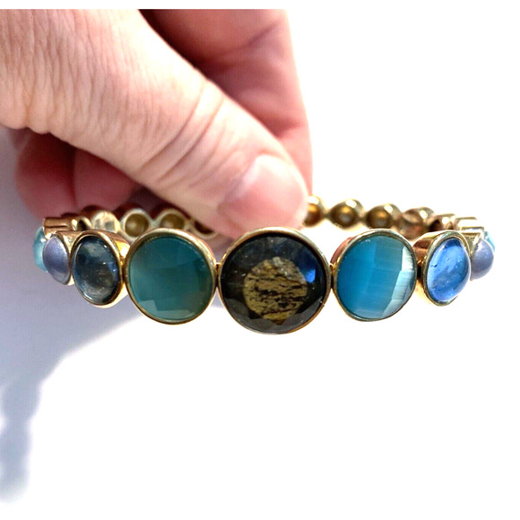 Cuff Bracelet Blue Brown Stones Gold Graduated OS Mod Boho Festival Fashion - Picture 8 of 9